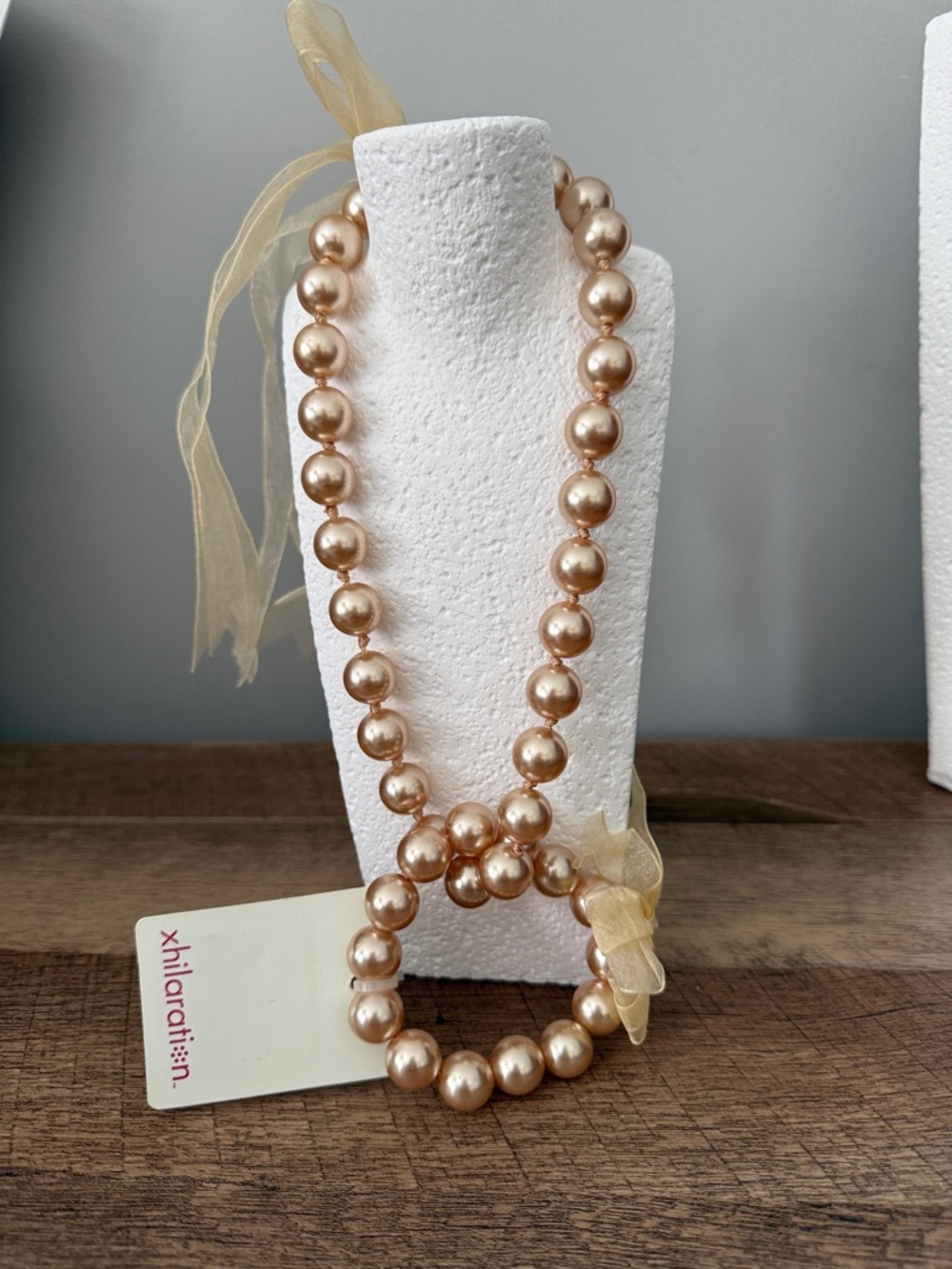 Xhilaration Champagne Pearl Bead Necklace with Sheer Ribbon